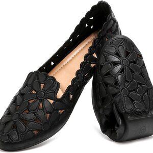 Women's PU Leather Floral Ballet Flats 8.5 Slip On Round Toe Summer Shoes